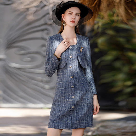 IWY/牛仔蓝高端职业连衣裙套装新款女神范小香风粗花呢西服外套C1904+Q1025 商品图1