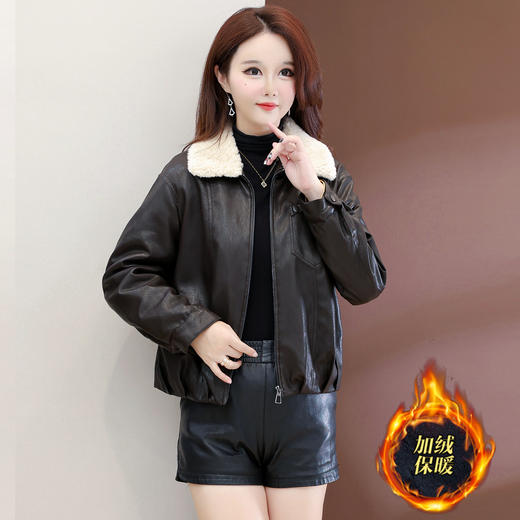QYM 25DB77-Y时尚PU皮加绒外套保暖皮衣短款休闲外套 商品图0