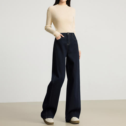 【周末秒杀】熙世界「进阶厚绒法棍裤」加绒直筒牛仔裤女冬季复古保暖阔腿长裤 商品图2