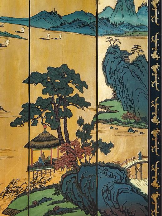 【已售】独角鹿西洋古董 20世纪中国出品传统山水亭台主题金地款彩雕漆双面四曲屏风 商品图3