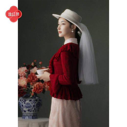 逸红颜芙宁2025秋新款复古宫廷风修身毛衣含羊毛针织开衫外搭女 商品图3