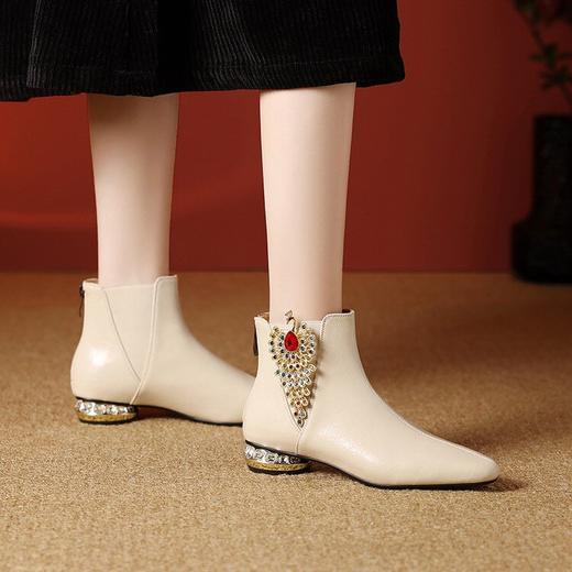 【预售5天】水钻低跟真皮显瘦小方头，舒适短靴子单绒里切尔西靴XC&8811 商品图2