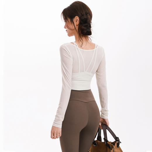 【3~5天发货】跃牌【美度空间】系列 带胸垫固定杯瑜伽长袖网纱拼接假两件瑜伽服上衣ADCXB53009 商品图3