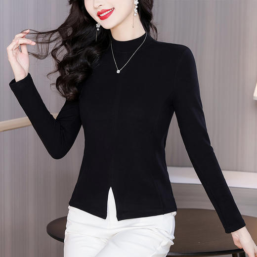 KQL A48N50167德绒立领拼接打底衫修身开叉半高领加绒上衣 商品图1