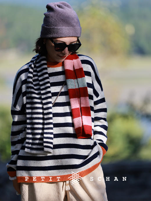 3000积分兑换 PETIT SCHAN小闪 出彩 纯羊毛彩点纱撞色条纹围巾 商品图1