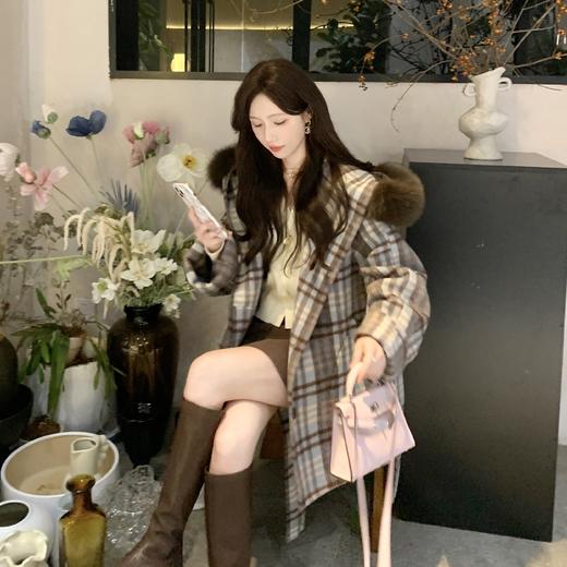 现货【白桃奶酪】高定款羊驼绒大衣时髦戴帽超大狐狸毛领双面呢 商品图2