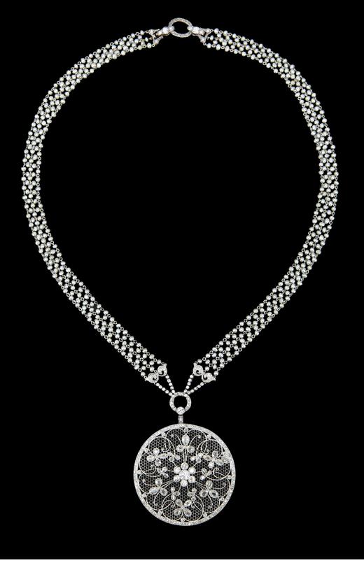 独角鹿西洋古董 20世纪初比利时出品美好时代风格铂金镶嵌钻石及天然海水珍珠花卉造型项链 商品图0