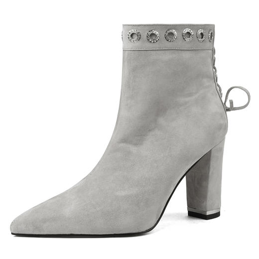 OLD M1215-1羊反绒高跟短靴粗跟真皮尖头侧拉链靴 商品图4