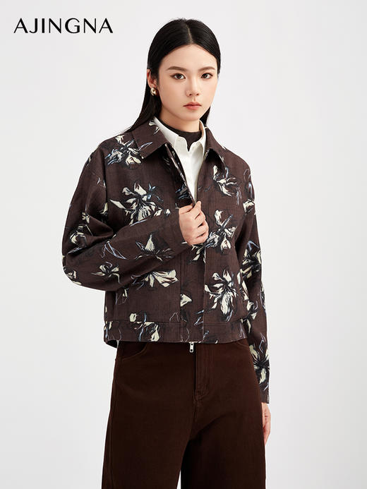 【商场同款】阿菁娜秋季新款印花亚麻夹克复古巴恩风翻领短外套立体袖型设计双拉链凹造型A30Q107005 商品图1