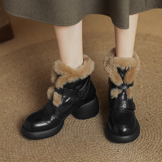 【预售5天】棕色头层羊皮保暖长绒毛短靴女冬季高跟魔术贴圆头厚毛皮靴ZYY&A1070-1 商品图2