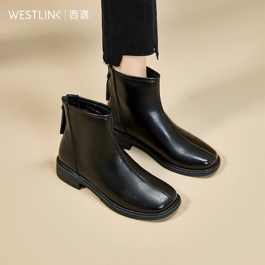 西遇粗跟瘦瘦靴女新款秋冬舒适中跟通勤单靴子圆头黑色短靴V2257254 商品图0