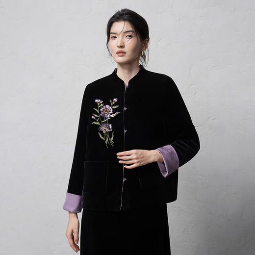 【林栖设计小店】真丝丝绒绵羊毛棉衣2025秋冬新款珠片绣花国风优雅外套女1954192 商品图8