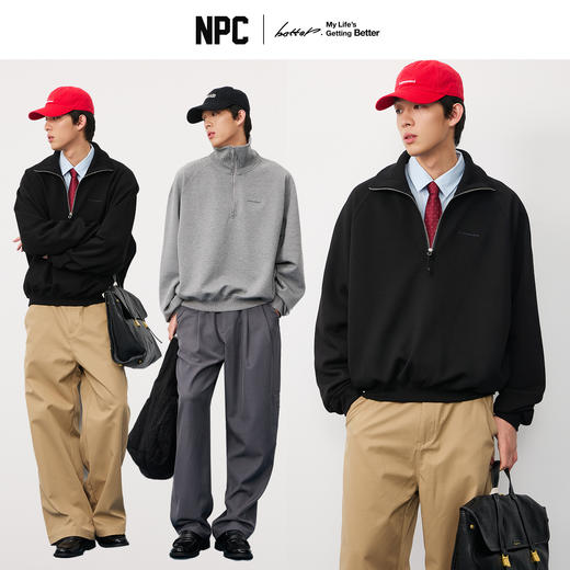 NPC潮牌字母刺绣半开襟空气层拉链卫衣男立领插肩袖秋NP57ST37 商品图0