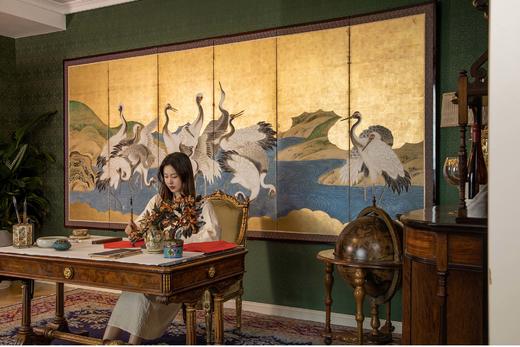 【已售】独角鹿西洋古董 20世纪日本出品「湖畔仙鹤」主题金地纸本设色六曲屏风 商品图1