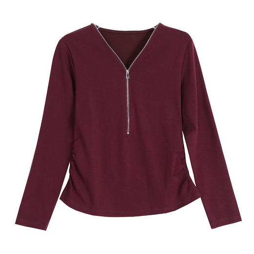 KQL A48N50166纯色V领长袖t恤抽褶修身显瘦拉链上衣 商品图4