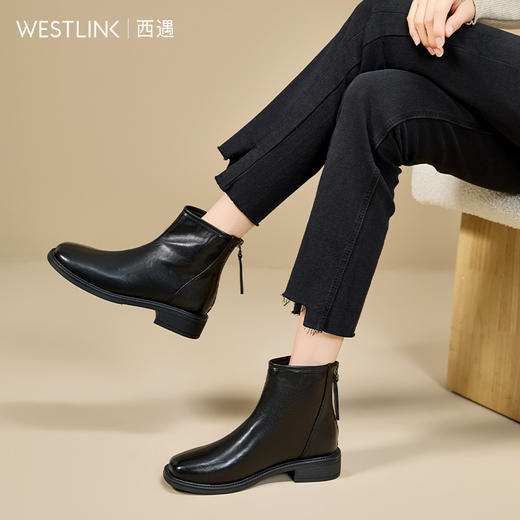 西遇粗跟瘦瘦靴女新款秋冬舒适中跟通勤单靴子圆头黑色短靴V2257254 商品图1