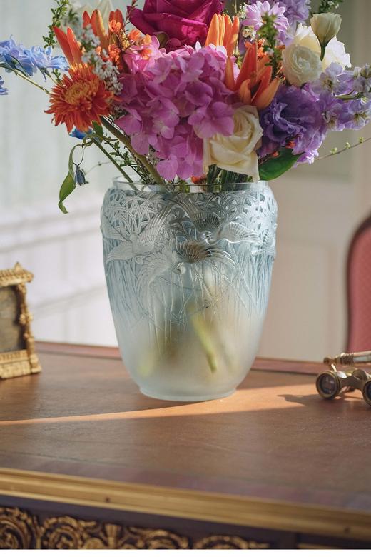 独角鹿西洋古董 1926年法国水晶工坊莱俪LALIQUE设计出品「AIGRETTES 白鹭」主题灰蓝色欧泊水晶花瓶 商品图1