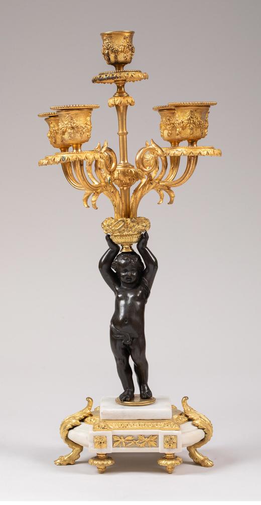 独角鹿西洋古董 19世纪末法国出品路易十六风格小天使主题青铜雕像装饰铜鎏金精雕嵌白色大理石座钟烛台三件套 商品图5