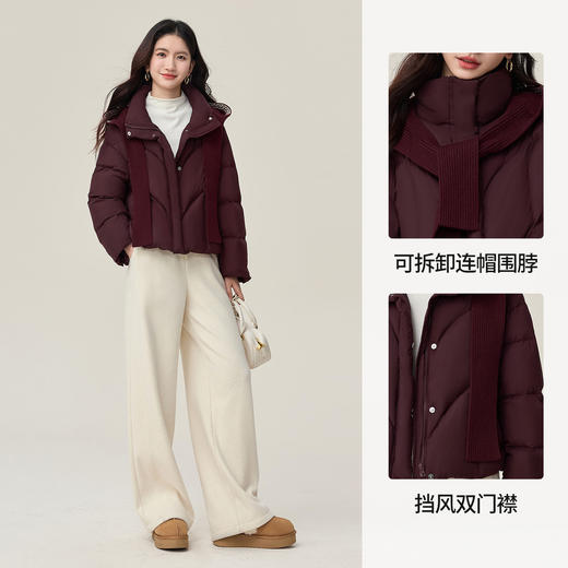 【年货节】熙世界琥珀流光短款羽绒服女冬季2025年新款酒红色连帽白鸭绒外套 商品图1