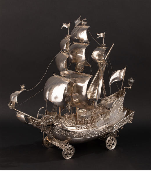 独角鹿西洋古董 1927年德国出品纯银精雕帆船摆件 商品图0