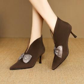 【预售5天】真皮V口蝴蝶结小短靴细高跟秋冬复古气质高级感及踝靴棕色单靴DB&M6626