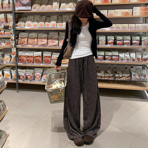 【3-5天发】慵懒垂感条纹高腰抽绳阔腿裤 商品图2