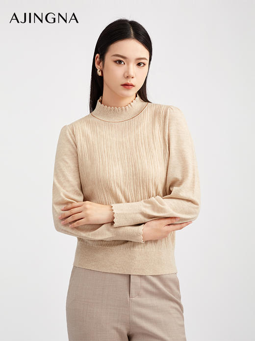 【商场同款】阿菁娜冬季新款木耳领撞色针织衫6A级羊毛修身打底半高领显瘦通勤优雅内搭A30D301020 商品图2