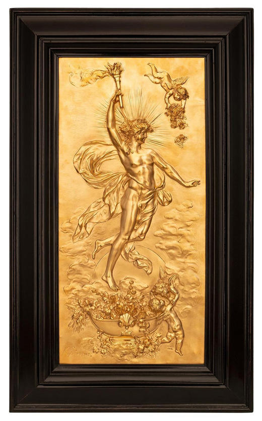 【已售】独角鹿西洋古董 19世纪意大利艺术家Karl Sterrer签名创作铜鎏金浮雕装饰画《日与夜》 商品图0