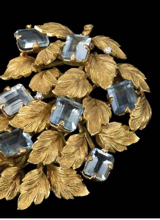 独角鹿西洋古董 1950年代法国出品叶片造型18K黄金镶嵌海蓝宝石及钻石胸针 商品图2