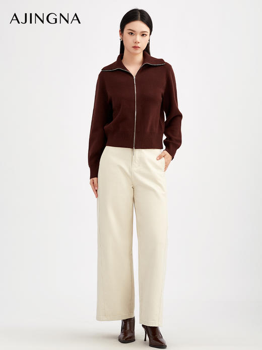 【商场同款】阿菁娜冬季新款精纺羊绒开衫可立翻领双头拉链修身显瘦A30D318019 商品图4