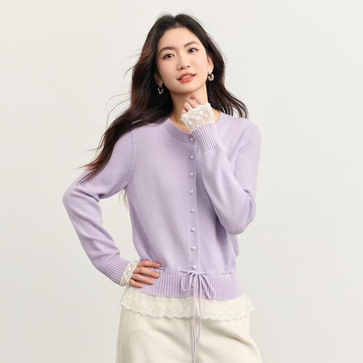 【10/23新品】熙世界超好看的紫色针织衫女长袖2025秋新款蕾丝花边拼接打底毛衣 商品图4