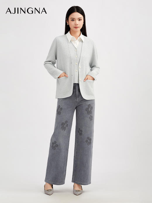 【商场同款】阿菁娜冬季新款亮丝羊毛开衫水绿光感V领外套垂顺肌理面料A30D318023 商品图3