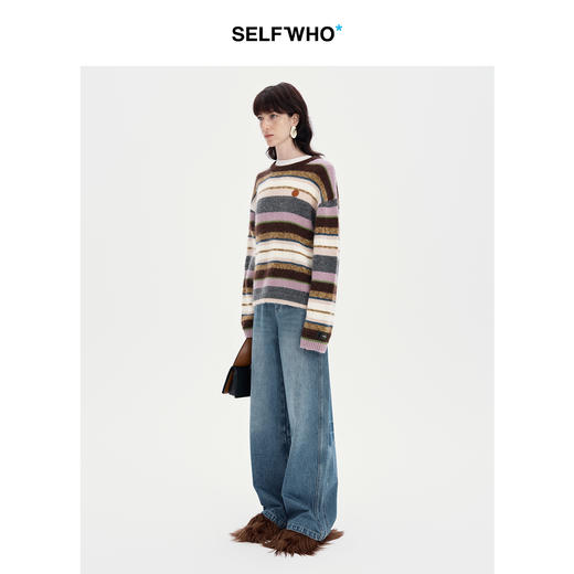 SELFWHO纯棉复古扎花洗水纹牛仔裤女2024秋冬新款宽松显瘦阔腿裤 商品图1