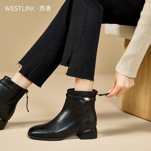 西遇黑色短靴女2025新款秋冬洋气百搭配裙子圆头马丁靴粗跟瘦瘦靴V2257252 商品图1