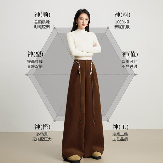 【10/23新品】熙世界复古风棕色100%棉灯芯绒阔腿裤女秋冬高腰宽松直筒休闲长裤 商品图1