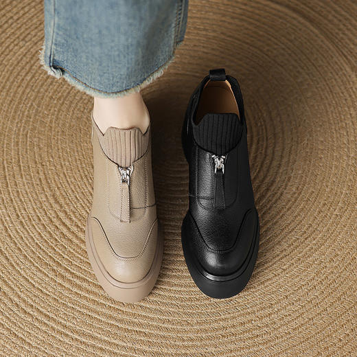 【预售5天】超轻复古风前拉链真皮针织，高跟粗跟英伦风小皮鞋单鞋DPJ&6155 商品图4