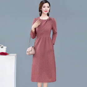 QYM 99H266-Y圆领粉色连衣裙高腰A字裙厚款中长裙