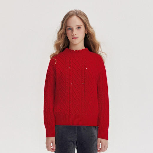 笛莎Deesha 童装女童毛衫2025冬新款木耳边绞花套头毛衣 商品图0