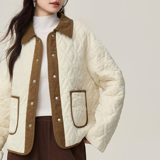 【年货节】熙世界轻薄菱格羽绒棉服女2025秋冬款宽松休闲巴恩风撞色翻领外套 商品图3