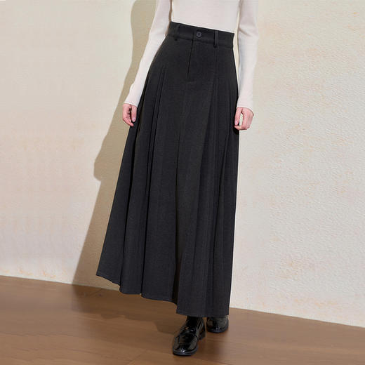 西遇韩系百搭百褶裙女冬季新款高腰显瘦大裙摆通勤长款半身裙H0055348 商品图2