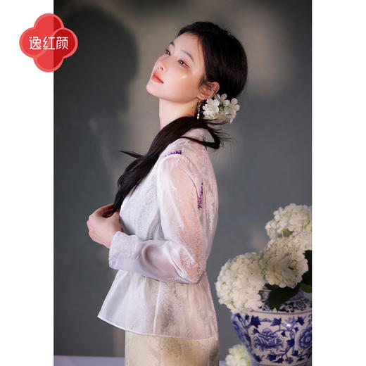 逸红颜槿紫2025夏新款薄纱植绒紫藤抽腰汉服领新中式外套防晒衣女 商品图2
