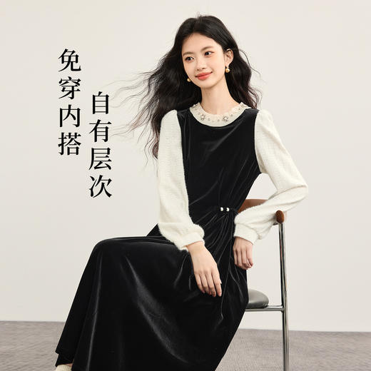 【年货节】熙世界黑天鹅假两件丝绒连衣裙女秋冬法式赫本收腰裙子 商品图1