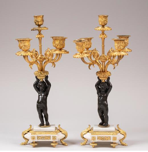 独角鹿西洋古董 19世纪末法国出品路易十六风格小天使主题青铜雕像装饰铜鎏金精雕嵌白色大理石座钟烛台三件套 商品图4