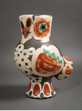 【已售】独角鹿西洋古董 1968年代西班牙艺术巨匠与法国Madoura工坊合作出品限量装饰陶瓶「Chouette 猫头鹰」