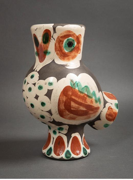 【已售】独角鹿西洋古董 1968年代西班牙艺术巨匠与法国Madoura工坊合作出品限量装饰陶瓶「Chouette 猫头鹰」 商品图0