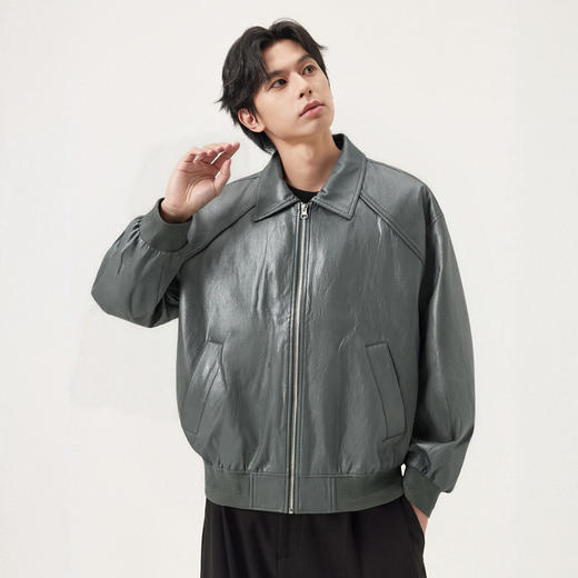 gxg.jeans男装 深绿色pu皮时尚宽松美式翻领夹克外套 25年冬 商品图2