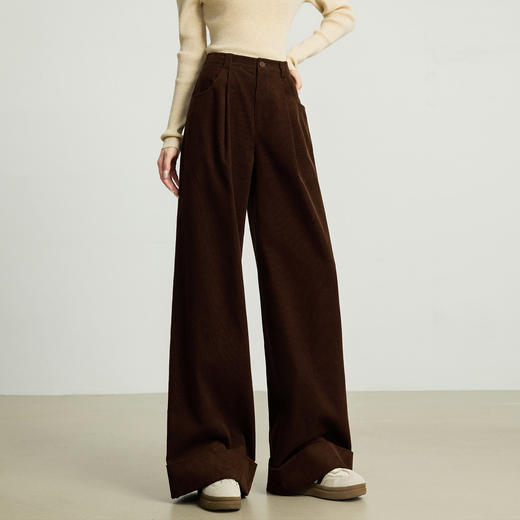 【10/23新品】熙世界【灯芯绒天丝裤】复古咖色阔腿裤女秋冬高腰宽松直筒休闲裤 商品图4