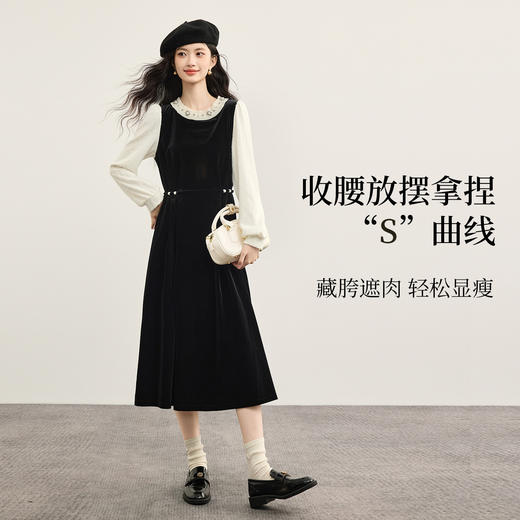【年货节】熙世界黑天鹅假两件丝绒连衣裙女秋冬法式赫本收腰裙子 商品图2