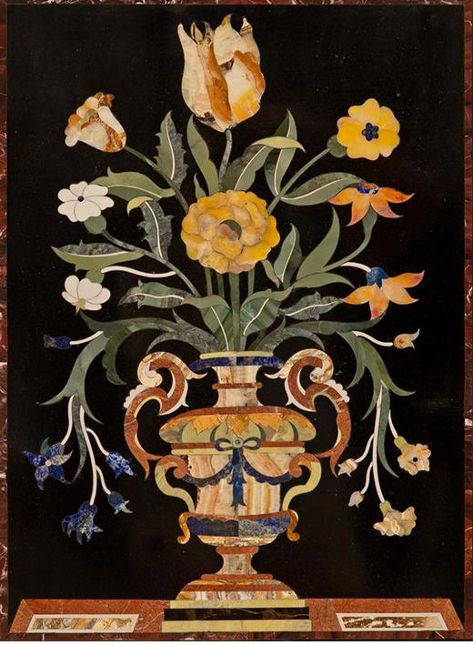【已售】独角鹿西洋古董 19世纪意大利出品新文艺复兴风格古典陶瓶与繁花主题彩石硬石镶嵌装饰画一对 商品图3