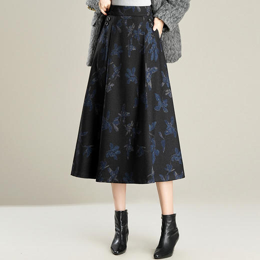 MYX通勤印花A字裙垂坠感修身显瘦蓬蓬裙2025年冬款时尚高腰半身裙 商品图0